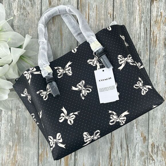 Coach Mollie Tote Bag 25 In Canvas With Bow Print Purse - Picture 5 of 9